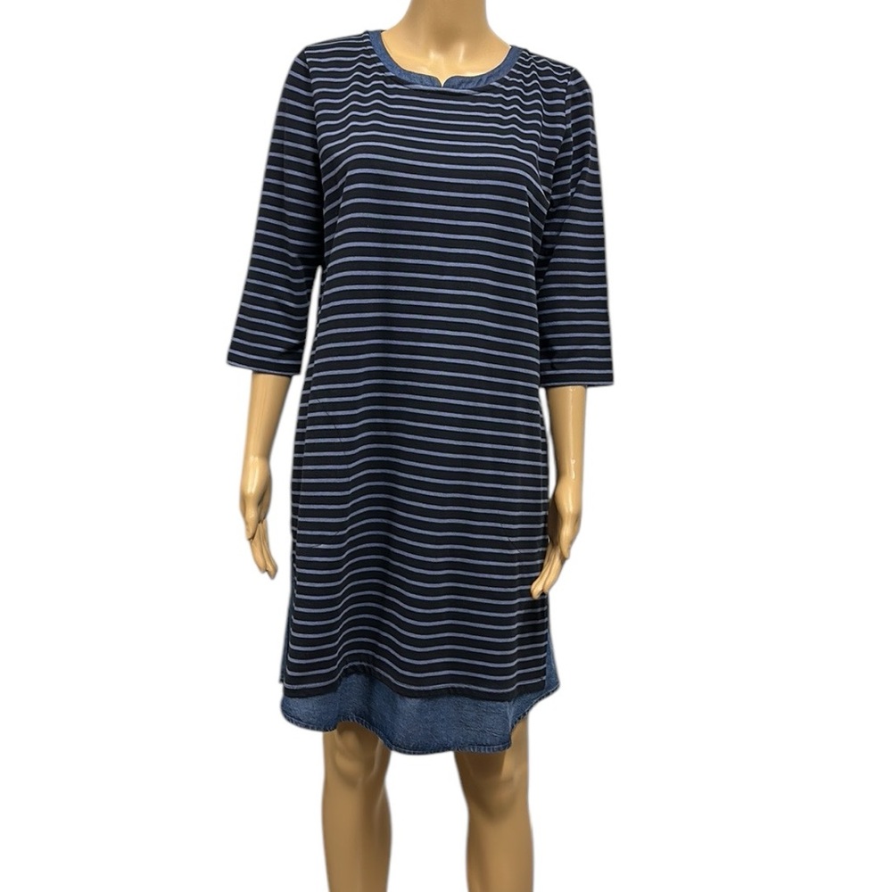 J Jill Blue Striped 3 Quarter Sleeve Lagenlook Tencel Shirttail Hem Womens Small